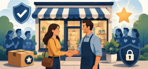 Flat vector illustration of a small business owner shaking hands with a customer outside a storefront, surrounded by trust symbols such as shields, stars, positive customers, and a secure lock.