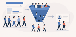 Flat vector illustration showing SEO visitors moving from a search results page into a funnel, where some people drop out through gaps while only a few reach a lead/profile card.
