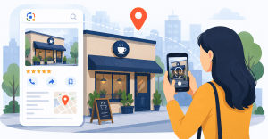 Flat vector illustration showing a person using a phone to visually search a local café, with the café appearing in a large search result panel that includes ratings, location, and action icons.