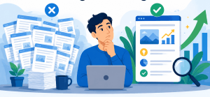 Flat vector illustration showing a person comparing a large pile of generic blog posts with one stronger, insight-rich web page marked as more valuable, representing information gain in SEO.