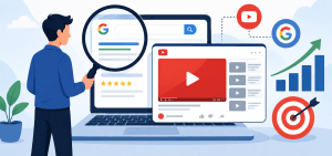 Flat vector illustration showing a person using a magnifying glass to find Google search results and YouTube video content on a laptop, with growth and target icons representing online visibility.