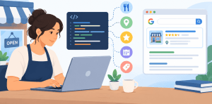 Flat vector illustration of a small business owner using a laptop to add structured data markup to a website, with icons for location, reviews, hours, services, and search visibility connected to a Google-style result preview.