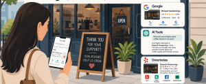 Flat vector illustration of a customer checking a café’s Google listing on her phone while the same trusted brand appears across Google, AI tools, and online directories.