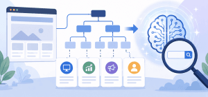 Flat vector illustration showing a structured website layout connected to a sitemap, service cards, an AI brain icon, and a magnifying glass, representing how clear website structure helps AI and search engines understand business services.