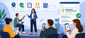Flat vector illustration of a brand spokesperson being interviewed while reviews, media mentions, trust signals, and local presence icons connect to a higher-ranking search result, showing SEO authority beyond backlinks.
