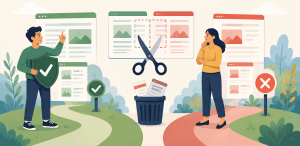 Flat vector illustration showing duplicate web pages being reviewed, with overlapping pages being removed to represent content cannibalization management in modern SEO.