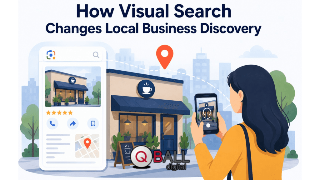Flat vector illustration showing a person using a phone to visually search a local caf&eacute;, with the caf&eacute; appearing in a large search result panel that includes ratings, location, and action icons.