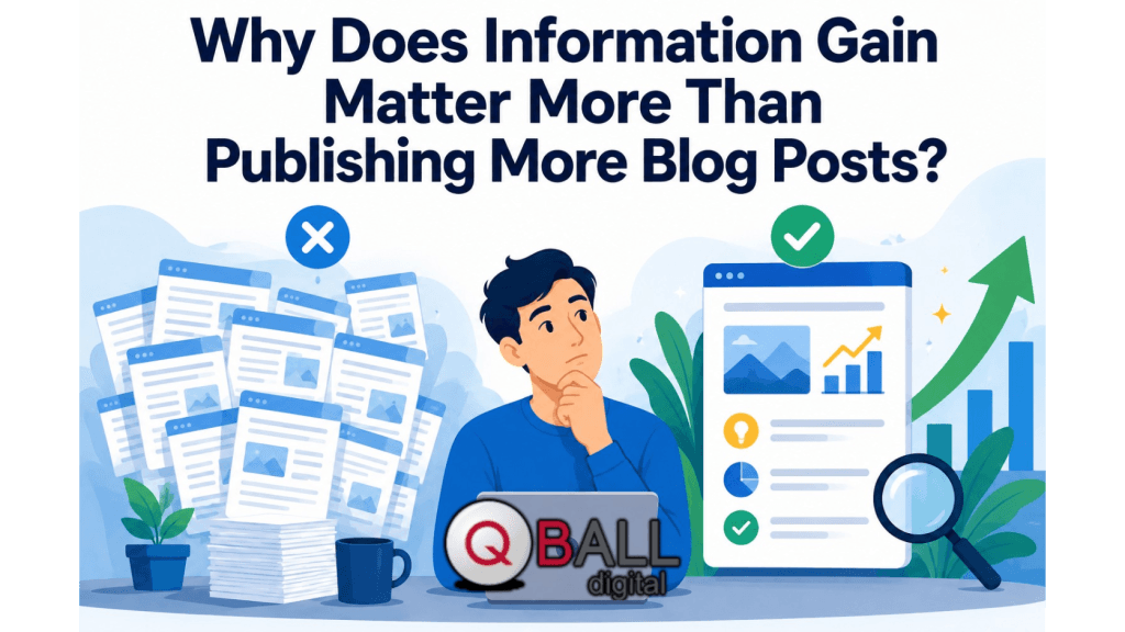 Flat vector illustration showing a person comparing a large pile of generic blog posts with one stronger, insight-rich web page marked as more valuable, representing information gain in SEO.