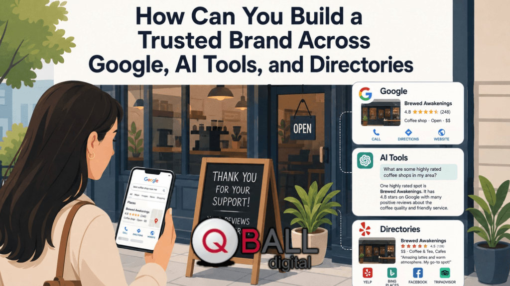 Flat vector illustration of a customer checking a café’s Google listing on her phone while the same trusted brand appears across Google, AI tools, and online directories.