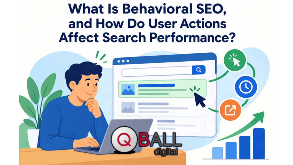 Flat vector illustration of a person using a laptop while icons for clicks, time spent, scrolling, and returning to search connect to a rising performance chart, representing behavioral SEO.