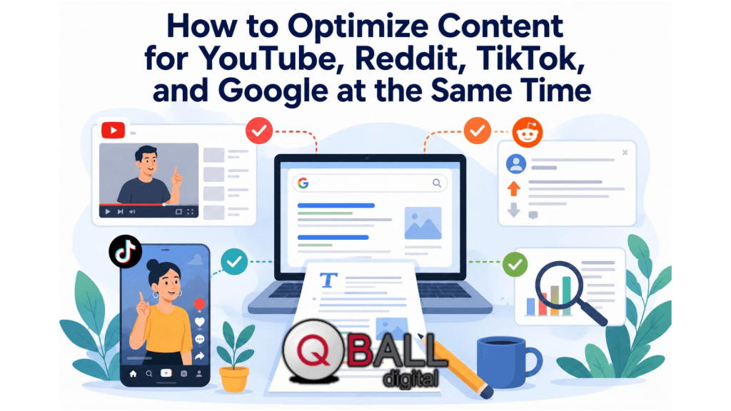 Flat vector illustration of one piece of content branching into four digital platforms represented by video, discussion, short-video, and search icons.