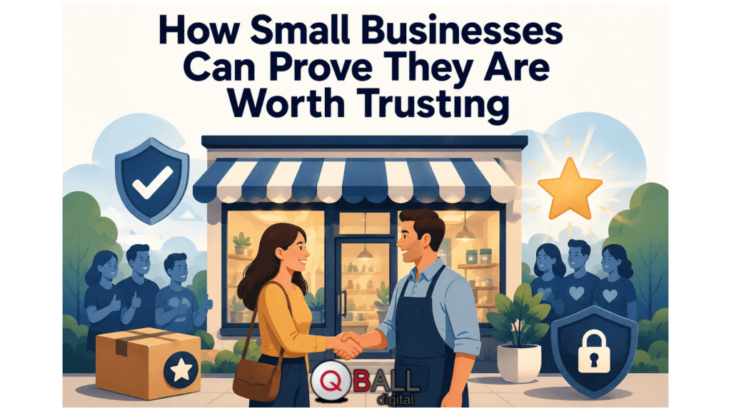 Flat vector illustration of a small business owner shaking hands with a customer outside a storefront, surrounded by trust symbols such as shields, stars, positive customers, and a secure lock.