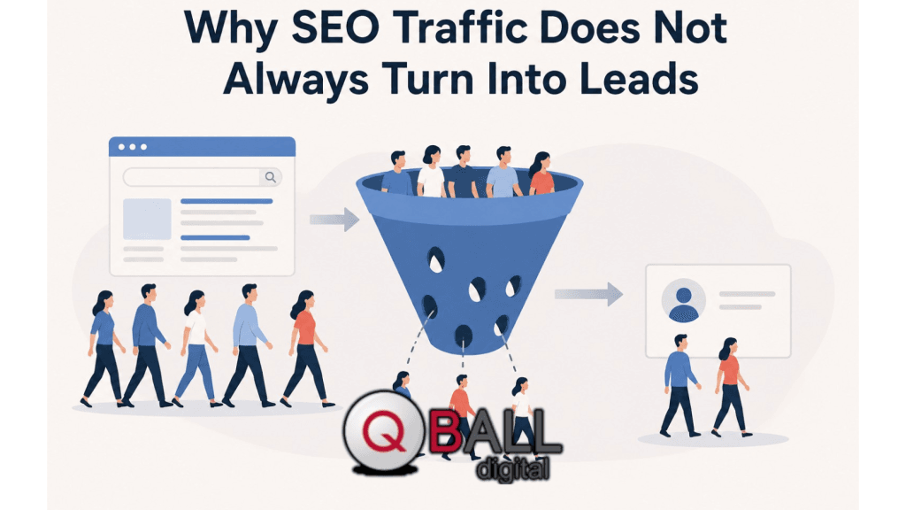 Flat vector illustration showing SEO visitors moving from a search results page into a funnel, where some people drop out through gaps while only a few reach a lead/profile card.