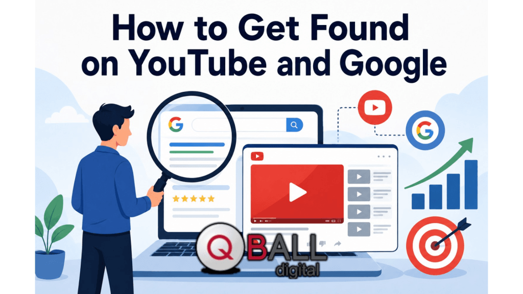 Flat vector illustration showing a person using a magnifying glass to find Google search results and YouTube video content on a laptop, with growth and target icons representing online visibility.