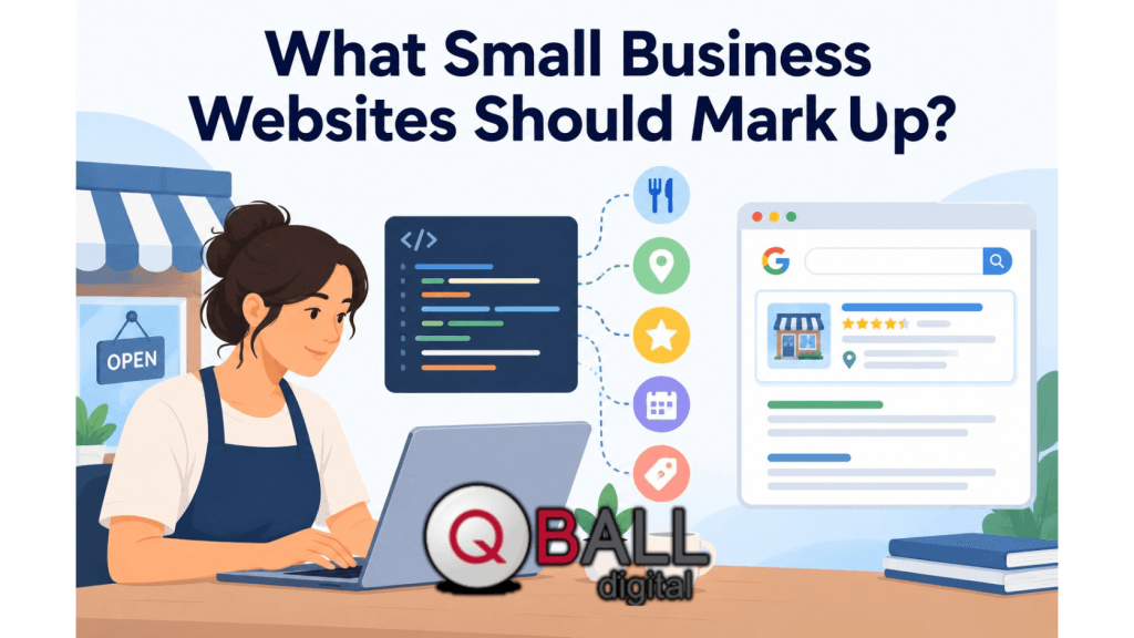 Flat vector illustration of a small business owner using a laptop to add structured data markup to a website, with icons for location, reviews, hours, services, and search visibility connected to a Google-style result preview.