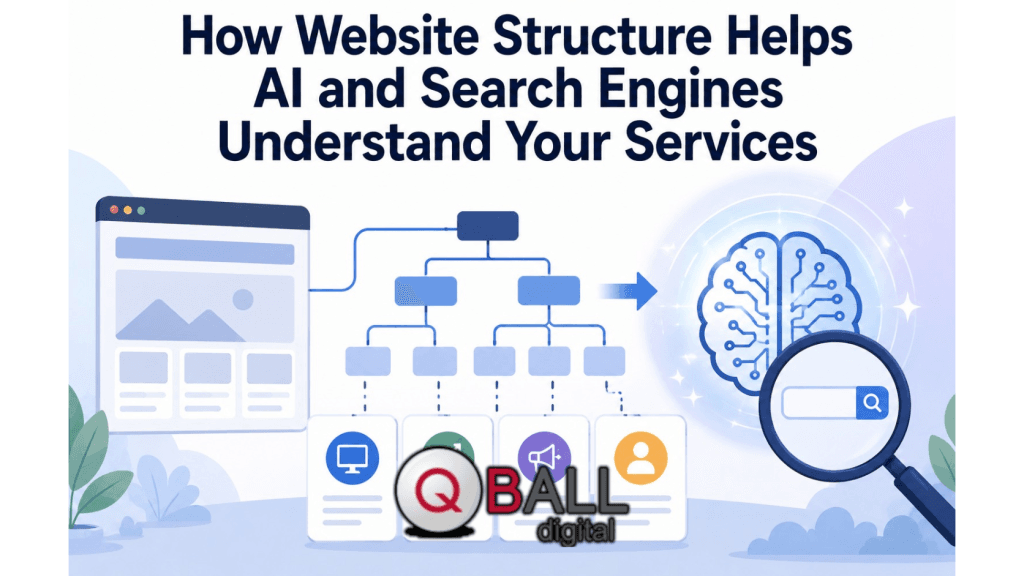 Flat vector illustration showing a structured website layout connected to a sitemap, service cards, an AI brain icon, and a magnifying glass, representing how clear website structure helps AI and search engines understand business services.