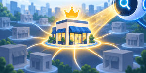Flat vector illustration showing a highlighted storefront with a crown and glowing brand signals being selected by an AI search lens, while other nearby businesses appear muted in the background.