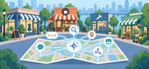 Flat vector illustration showing a small business district connected by an AI-powered search map, with storefronts, location icons, ratings, chat, and discovery signals representing how AI search helps people find local businesses.