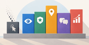 Minimal flat-vector illustration showing a measurement board where organic clicks are fading, while other SEO success signals like visibility, trust, local presence, conversations, and growth remain visible as simple icon blocks.