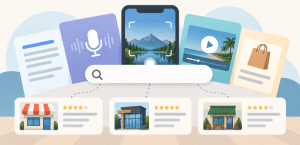 Flat vector illustration showing multimodal search with text, voice, image, video, and shopping inputs connected to business result cards, representing how customers find and compare businesses in different ways.