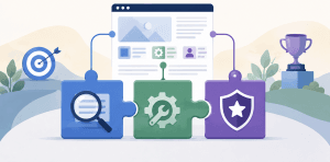 Flat vector illustration showing three connected puzzle pieces linked to a website page, using a magnifying glass, gear, and shield icon to represent topics, services, and proof working together in SEO.