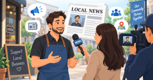 Flat vector illustration of a small business owner being interviewed by a local news reporter outside a storefront, with a camera operator, community symbols, and a newspaper-style feature in the background.