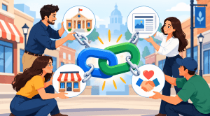 Flat vector illustration showing local business and community partners connecting large chain links, with icons for local organizations, storefronts, articles, and partnerships representing high-quality local backlinks.