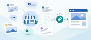 Flat vector illustration showing brand mentions from different online content cards flowing toward a business icon, then converting into a backlink that connects to a website page.