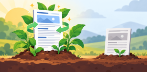 Flat vector illustration showing an updated old blog post growing into a healthy plant with a refresh arrow, while a newer post grows more slowly as a small sprout.