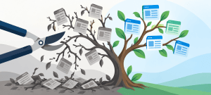 Flat vector illustration showing content pruning, with pruning shears cutting away weak gray content pages from a tree while healthy green branches hold stronger website pages.