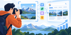 Flat vector illustration showing a photographer capturing a landscape image, with image metadata icons connected to a Google-style image search results page, representing how image SEO helps images become discoverable online.