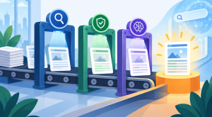 Flat vector illustration showing SEO content pages moving through three visual fact-checking gates for source review, accuracy, and AI-search readiness before becoming an approved published page.