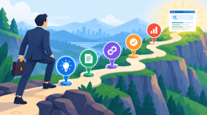 Flat vector illustration of a businessman walking along a winding SEO workflow path through colorful milestone markers toward a glowing search results page, representing an AI-assisted content process.