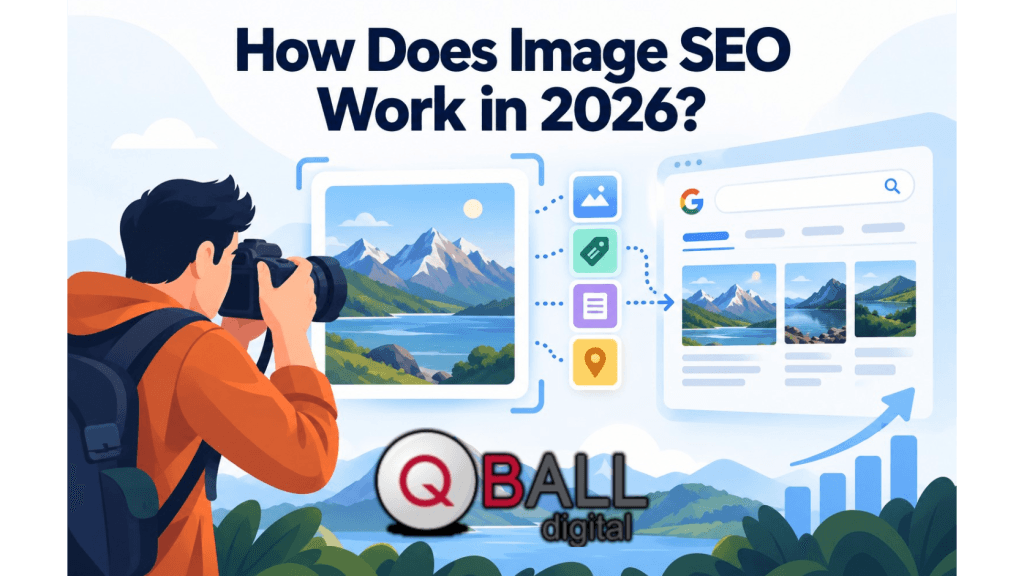 Flat vector illustration showing a photographer capturing a landscape image, with image metadata icons connected to a Google-style image search results page, representing how image SEO helps images become discoverable online.