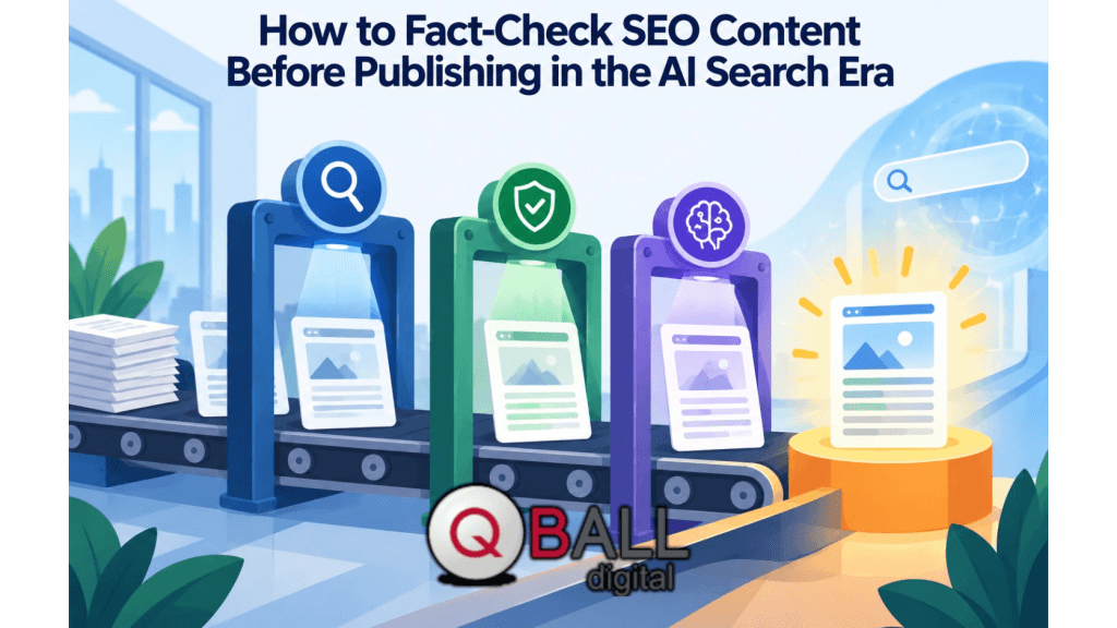 Flat vector illustration showing SEO content pages moving through three visual fact-checking gates for source review, accuracy, and AI-search readiness before becoming an approved published page.