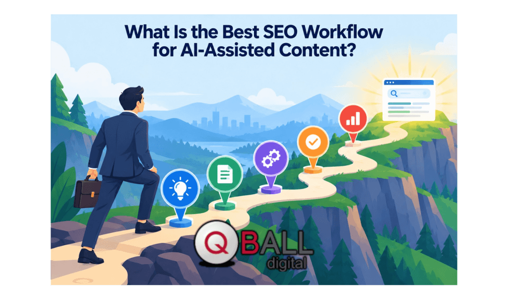 Flat vector illustration of a businessman walking along a winding SEO workflow path through colorful milestone markers toward a glowing search results page, representing an AI-assisted content process.