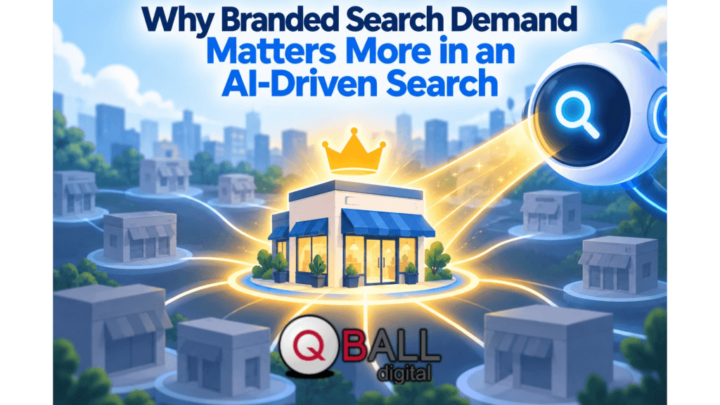 Flat vector illustration showing a highlighted storefront with a crown and glowing brand signals being selected by an AI search lens, while other nearby businesses appear muted in the background.
