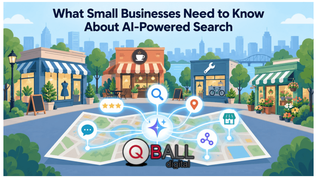 Flat vector illustration showing a small business district connected by an AI-powered search map, with storefronts, location icons, ratings, chat, and discovery signals representing how AI search helps people find local businesses.