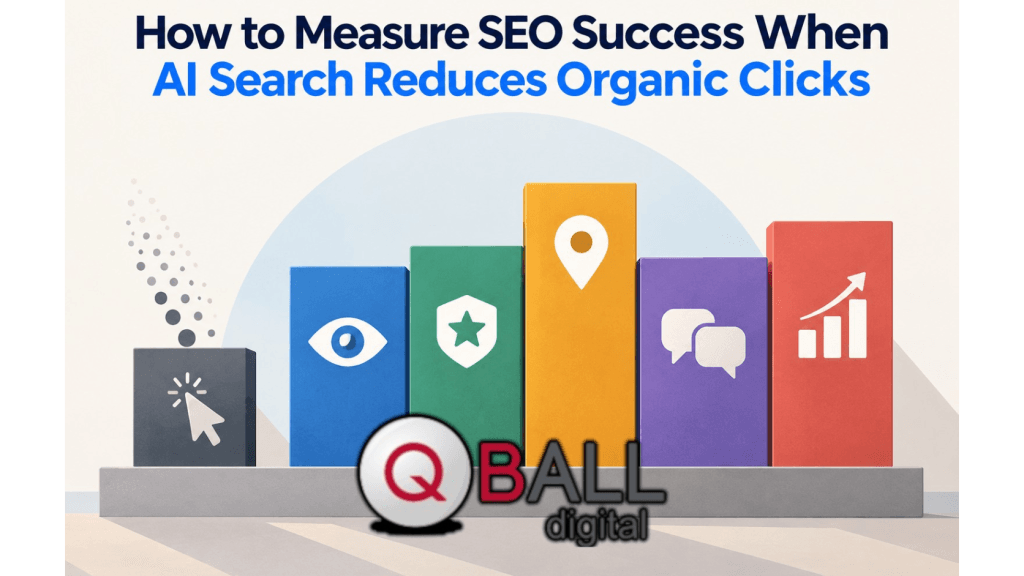 Minimal flat-vector illustration showing a measurement board where organic clicks are fading, while other SEO success signals like visibility, trust, local presence, conversations, and growth remain visible as simple icon blocks.