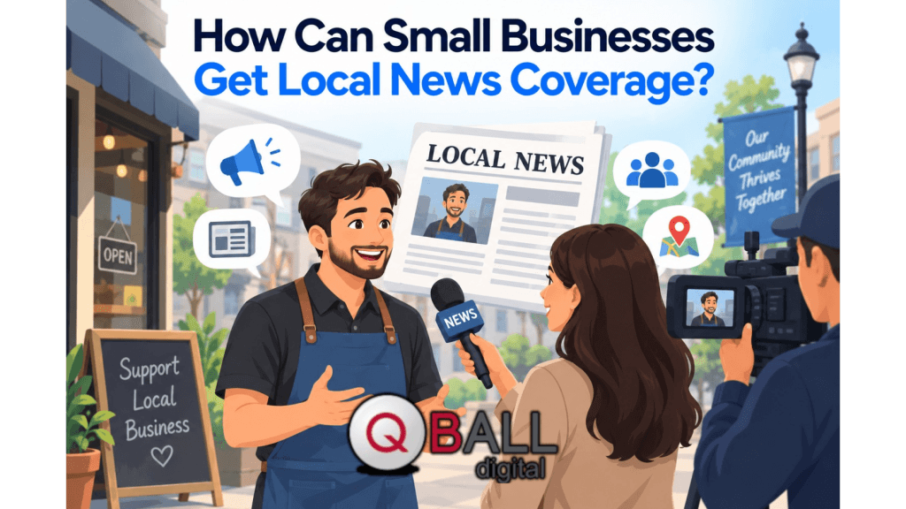 Flat vector illustration of a small business owner being interviewed by a local news reporter outside a storefront, with a camera operator, community symbols, and a newspaper-style feature in the background.