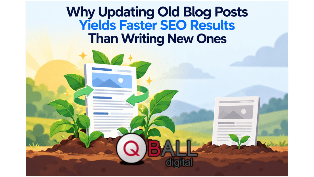 Flat vector illustration showing an updated old blog post growing into a healthy plant with a refresh arrow, while a newer post grows more slowly as a small sprout.