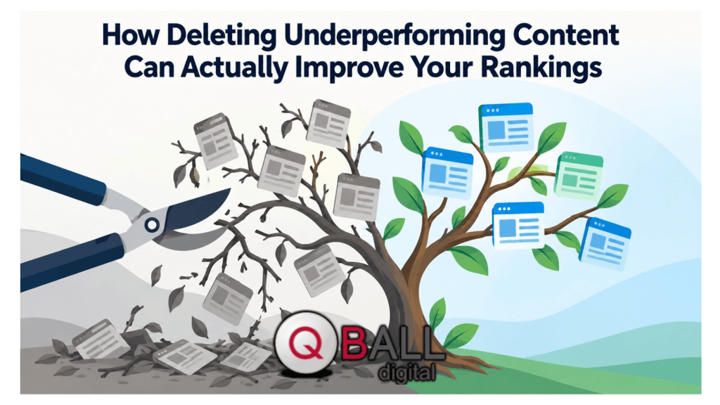 Flat vector illustration showing content pruning, with pruning shears cutting away weak gray content pages from a tree while healthy green branches hold stronger website pages.