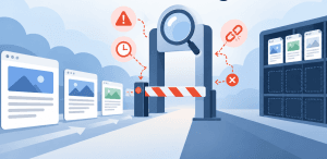 Flat vector illustration showing new website pages trying to pass through an indexing checkpoint, with warning symbols and blocked pathways showing why Google may not be indexing them.