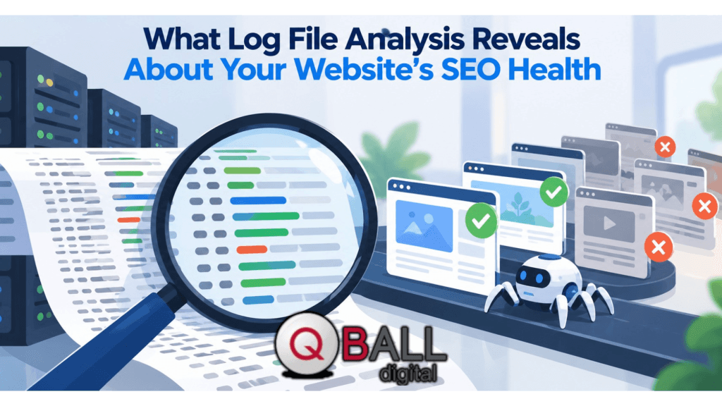 Flat vector illustration showing server log files being inspected with a magnifying glass, while crawler activity checks healthy and problematic website pages to reveal SEO health issues.