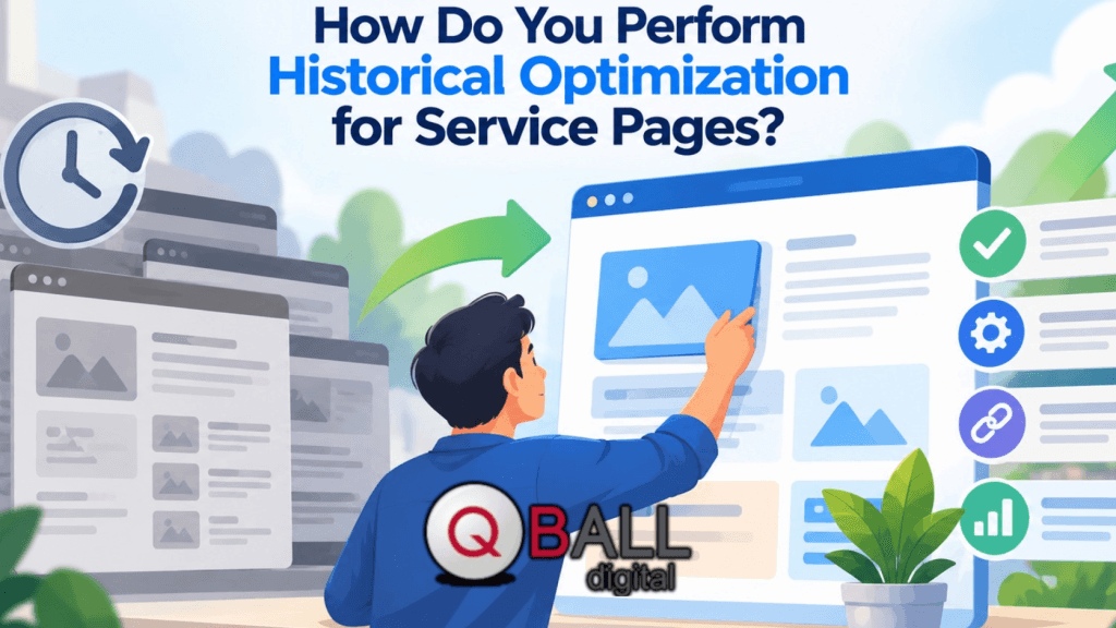 Flat vector illustration showing old, faded service pages being updated into a cleaner modern service page, with a clock, growth arrow, and optimization icons representing historical SEO improvement.