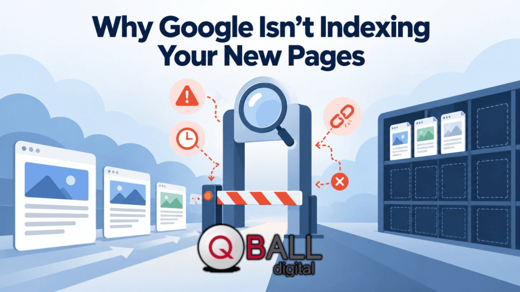 Flat vector illustration showing new website pages trying to pass through an indexing checkpoint, with warning symbols and blocked pathways showing why Google may not be indexing them.