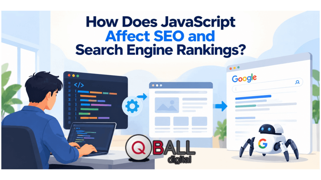 Flat vector illustration showing JavaScript code being processed into a rendered webpage, then passed toward a Google-style search results page with a crawler bot, representing how JavaScript affects SEO and rankings.