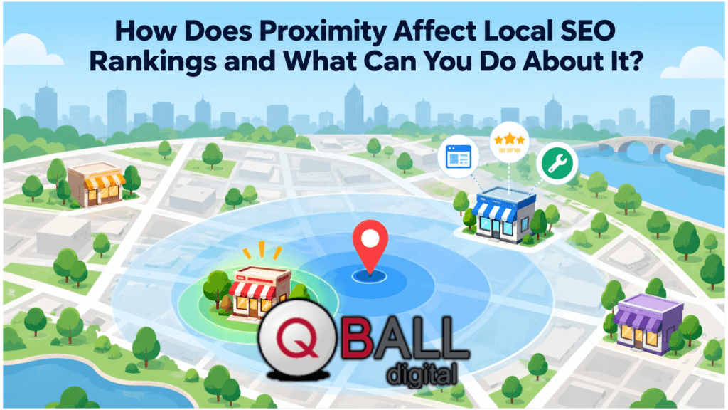 Flat vector illustration showing a local SEO proximity map with nearby businesses, ranking radius rings, and location signals around a central map pin.