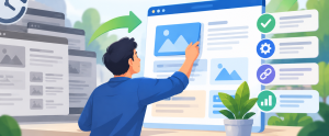Flat vector illustration showing old, faded service pages being updated into a cleaner modern service page, with a clock, growth arrow, and optimization icons representing historical SEO improvement.