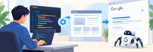 Flat vector illustration showing JavaScript code being processed into a rendered webpage, then passed toward a Google-style search results page with a crawler bot, representing how JavaScript affects SEO and rankings.